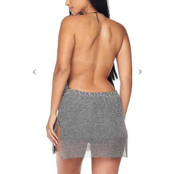 Rhinestone Chainmail Side Slit Sexy Mini Dress Silver & Black Party Size S/M - Picture 2 of 16